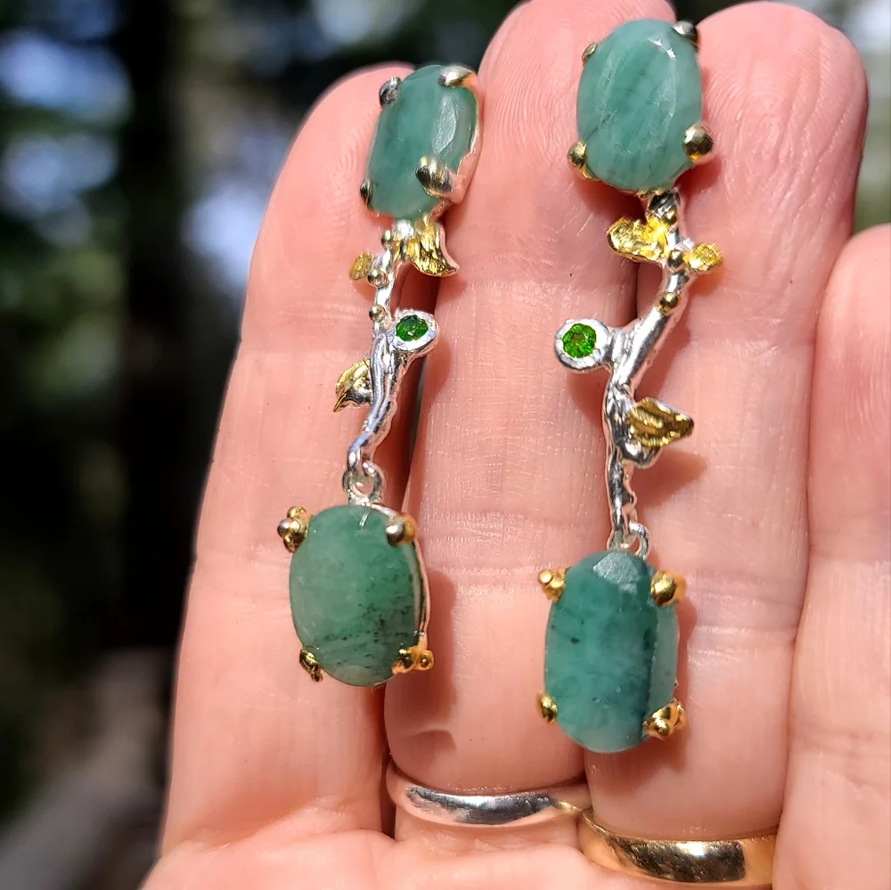 Emerald & Peridot floral sterling &gold vine like earrings - Picture 6 of 7